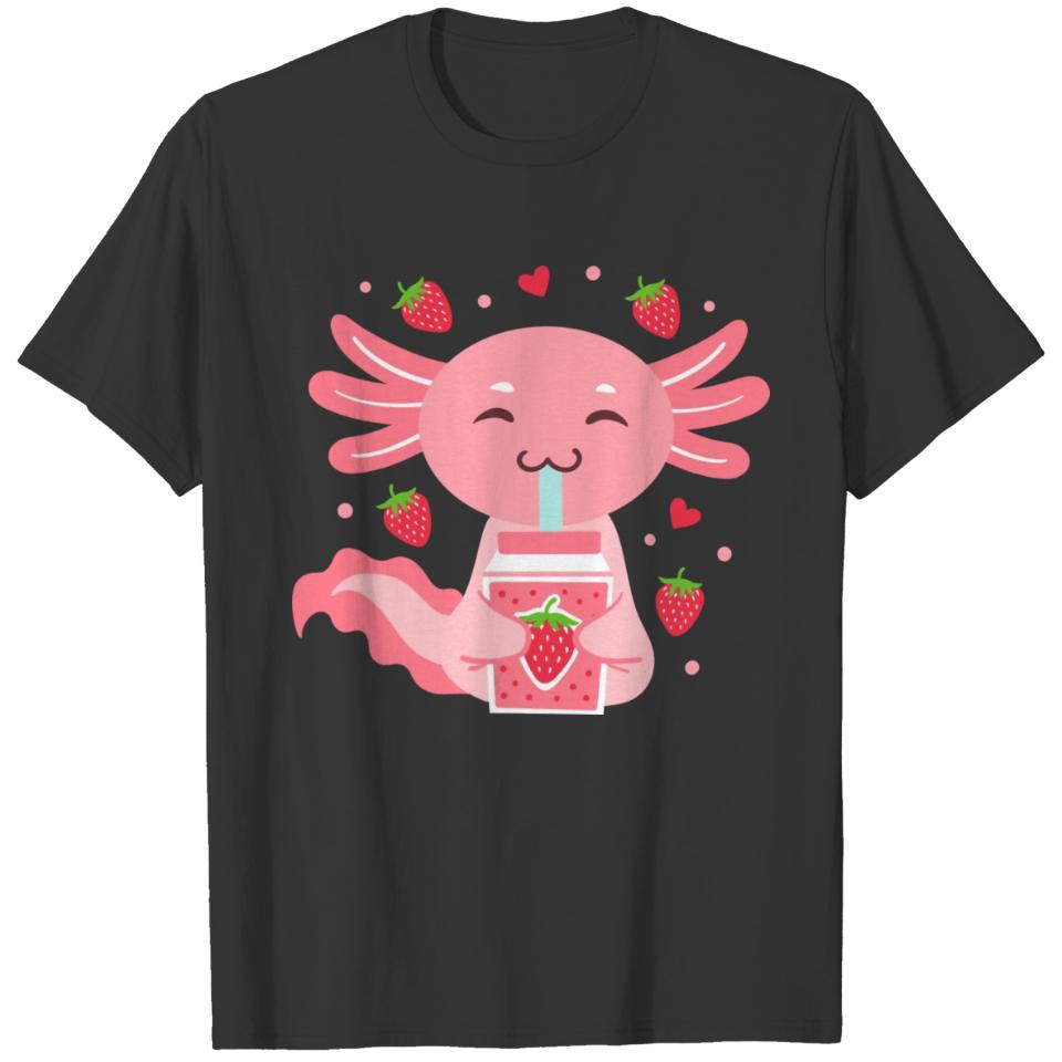 Axolotl Strawberry Milk Shake Kawaii T Shirts