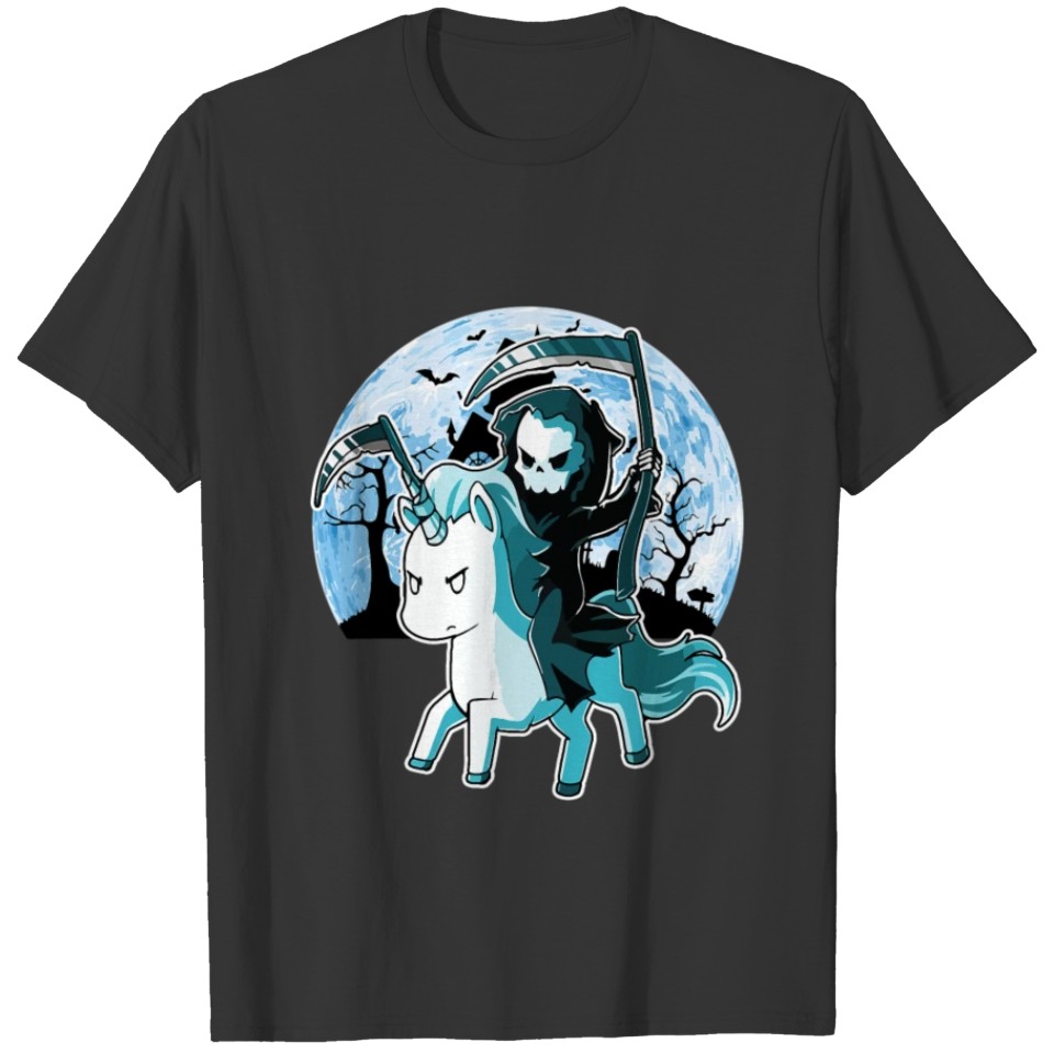 funny grim reaper riding unicorn Halloween Moon T Shirts