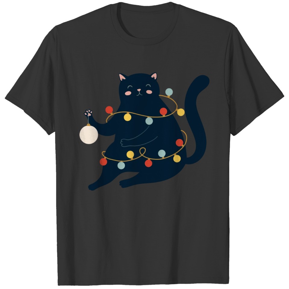 Black Christmas Lights Cat T Shirts