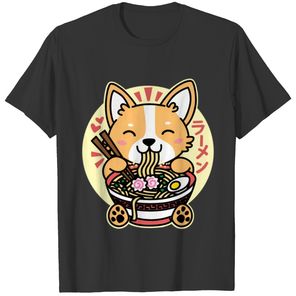 Kawaii Ramen Anime Dog Corgi Japanese Noodles T Shirts