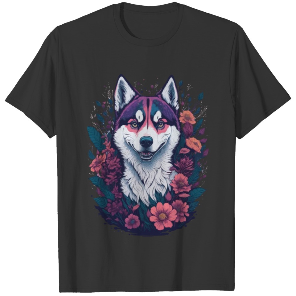 dog lovers gift - husky dog artwork with flowers T Shirts