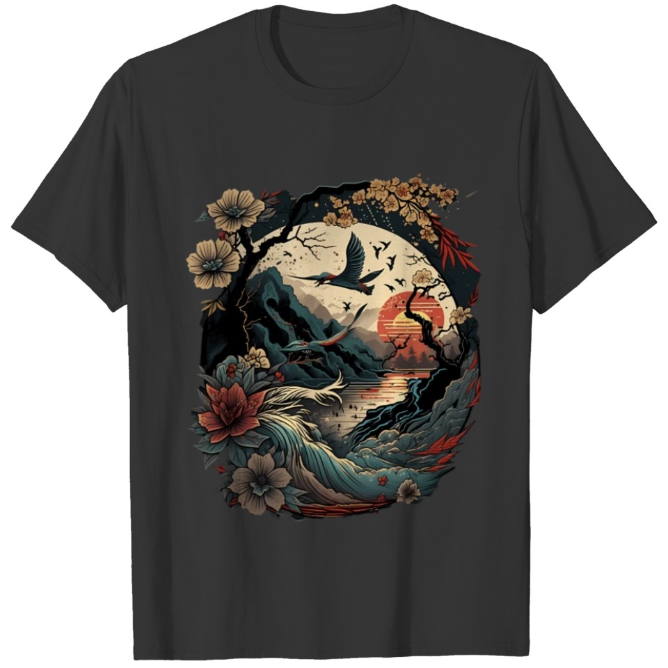 Retro Japanese Birds Cherry Blossom And Vintage T Shirts