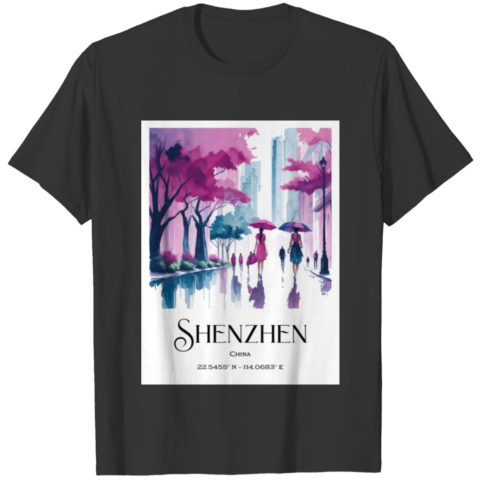 Pink and blue watercolor painting Shenzhen China T Shirts