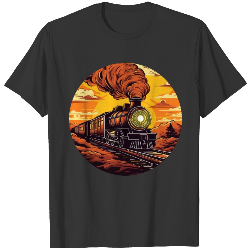 Vintage Steam Locomotive Train at Sunset, T Shirts