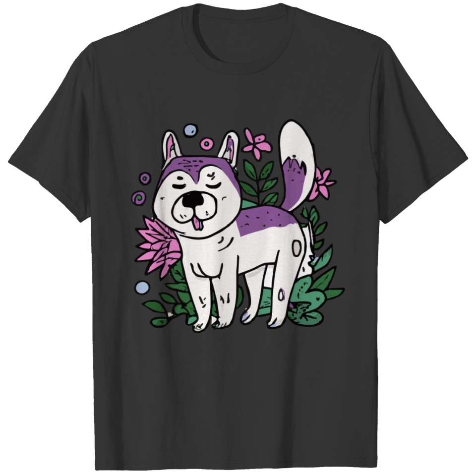 Husky With Plants And Flowers Dog Lover Malamute T Shirts