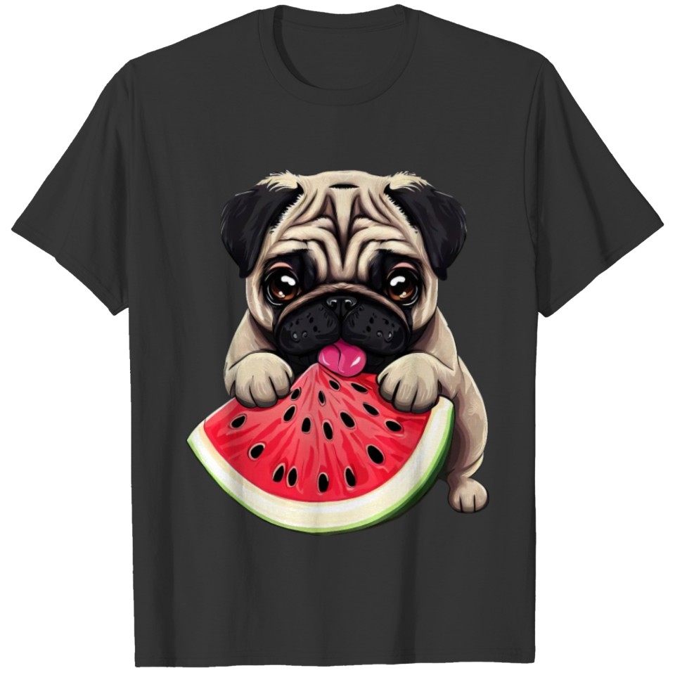 Pug Dog with Watermelon, Sweet Tropical Fruit T Shirts