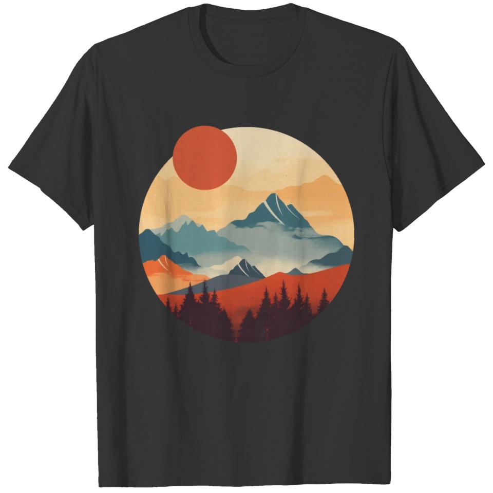 Foggy Sunrise Red sun Flat Style Layered Nature T Shirts