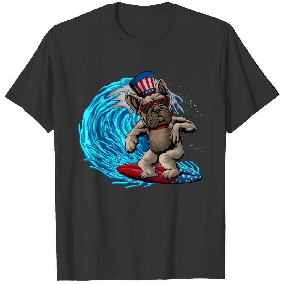 Patriotic French Bulldog Surfing Art Frenchie Dog T Shirts