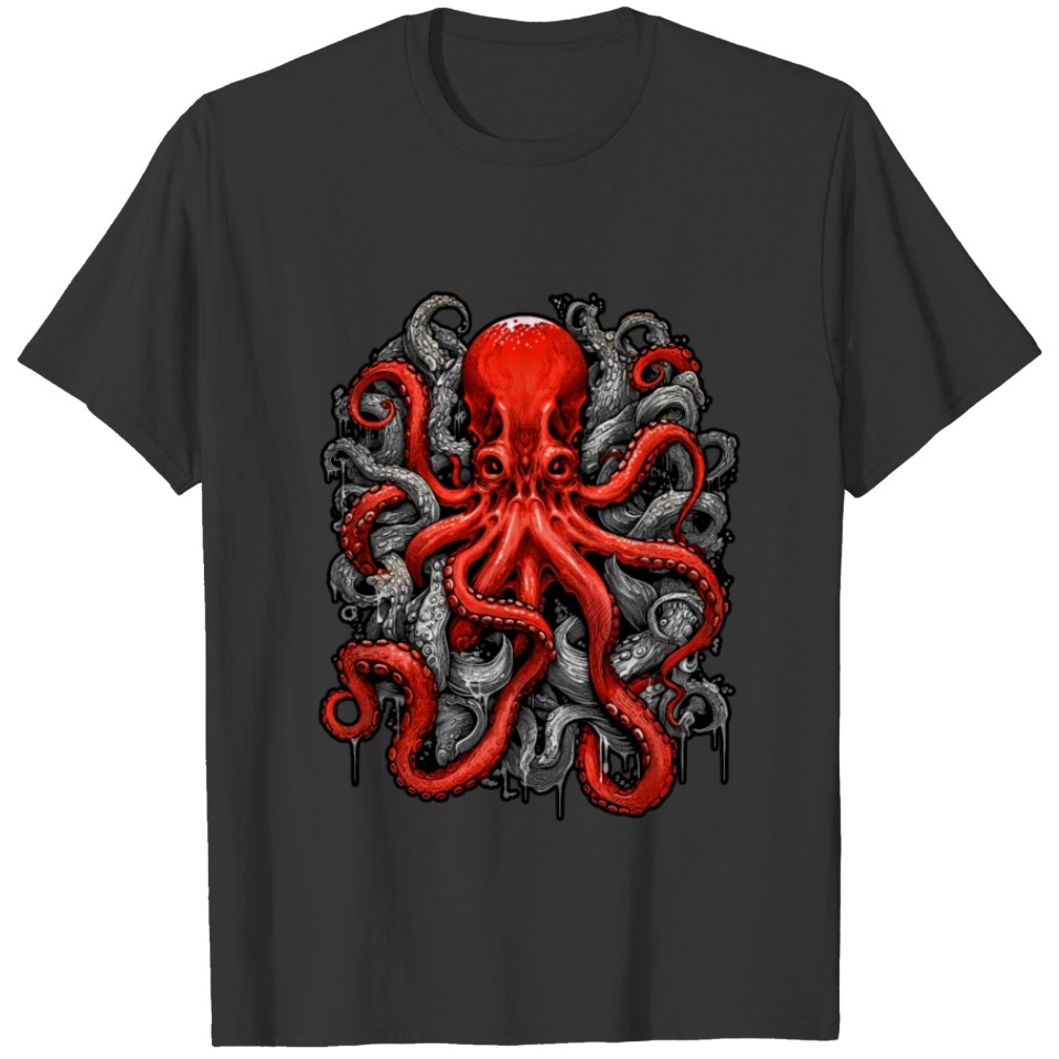 Red Octopus with Tentacles on a black background T Shirts