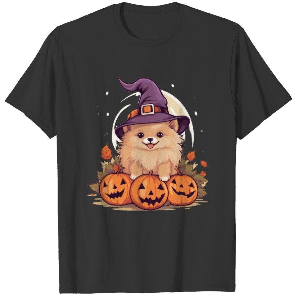 Halloween Witch Hat Pumpkin Dog Pomeranian T Shirts