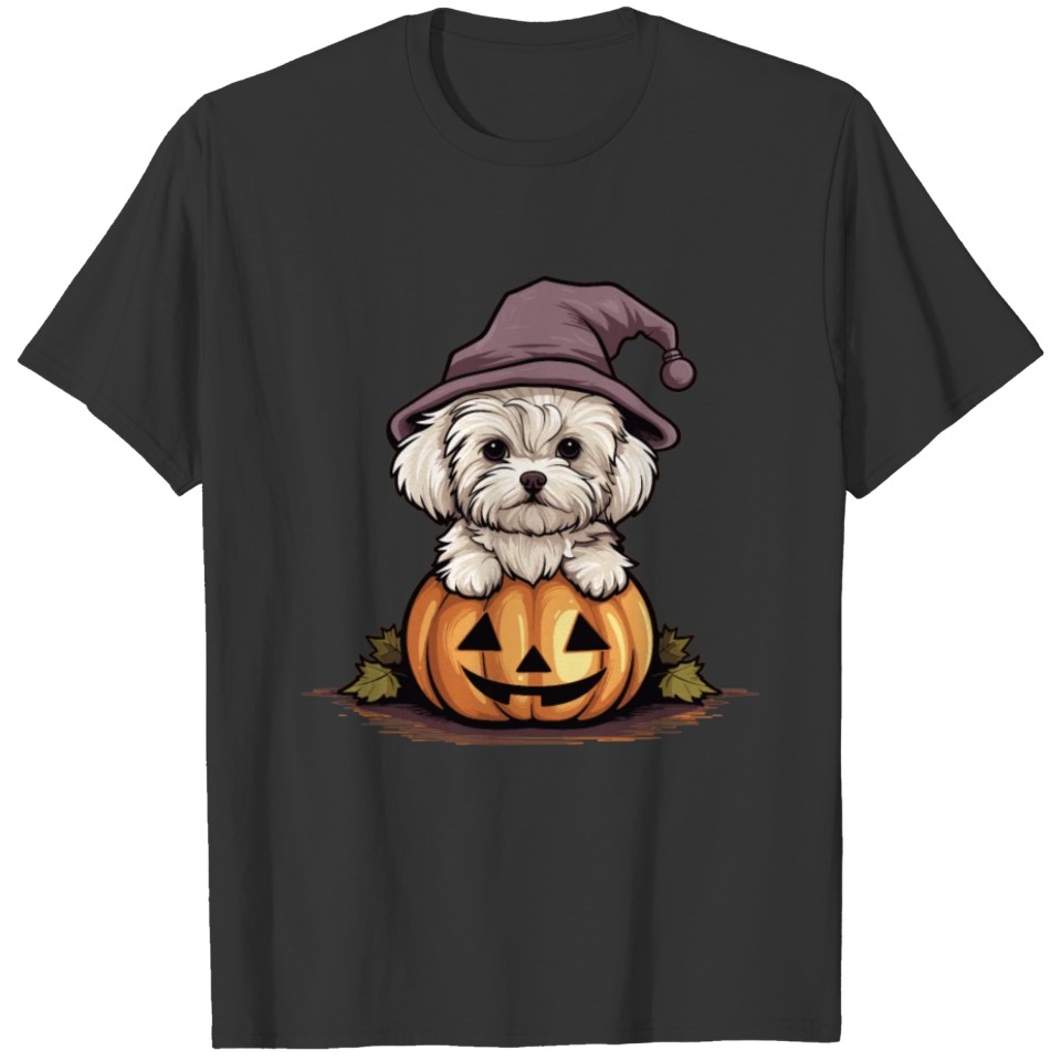 Halloween Witch Hat Pumpkin Dog Maltese T Shirts