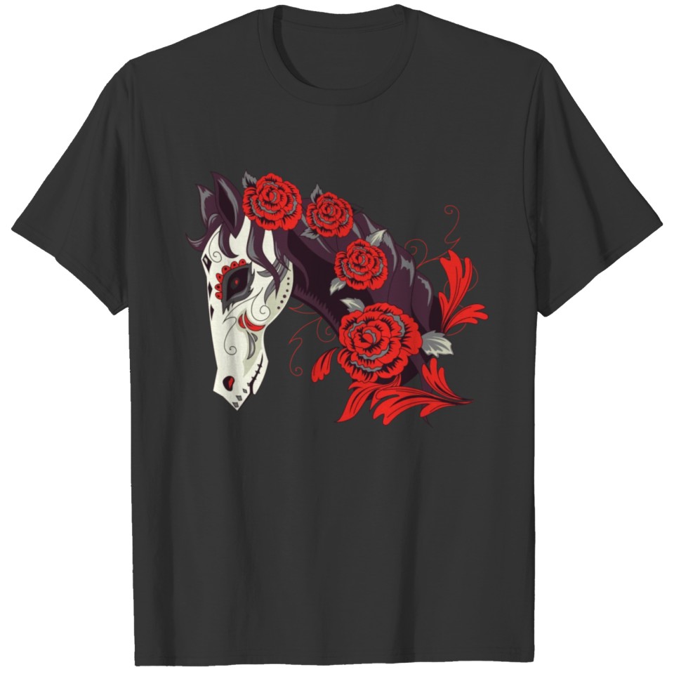 Horse Skull With Red Roses Dias De Los Muertos T Shirts