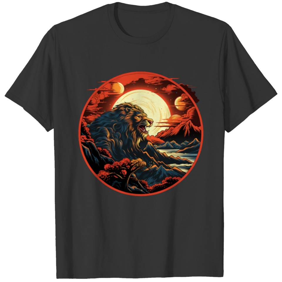 Red Japanese Style Mountain Lion Art T Shirts