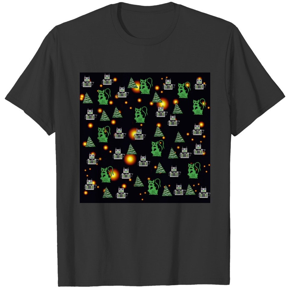 Green Cat Robot Christmas Pattern T Shirts