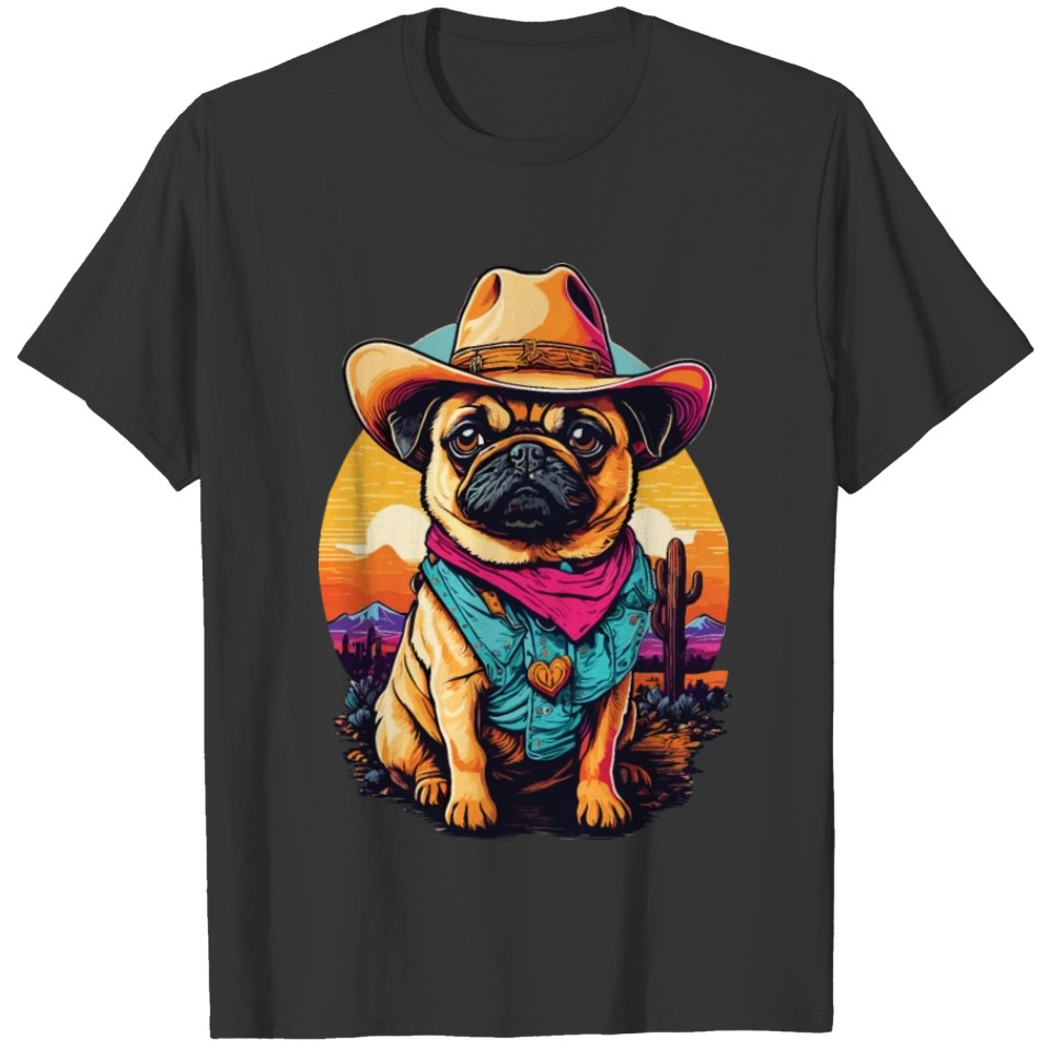 Cowboy Pug in Sunset, Western Cowboy Hat Dog T Shirts