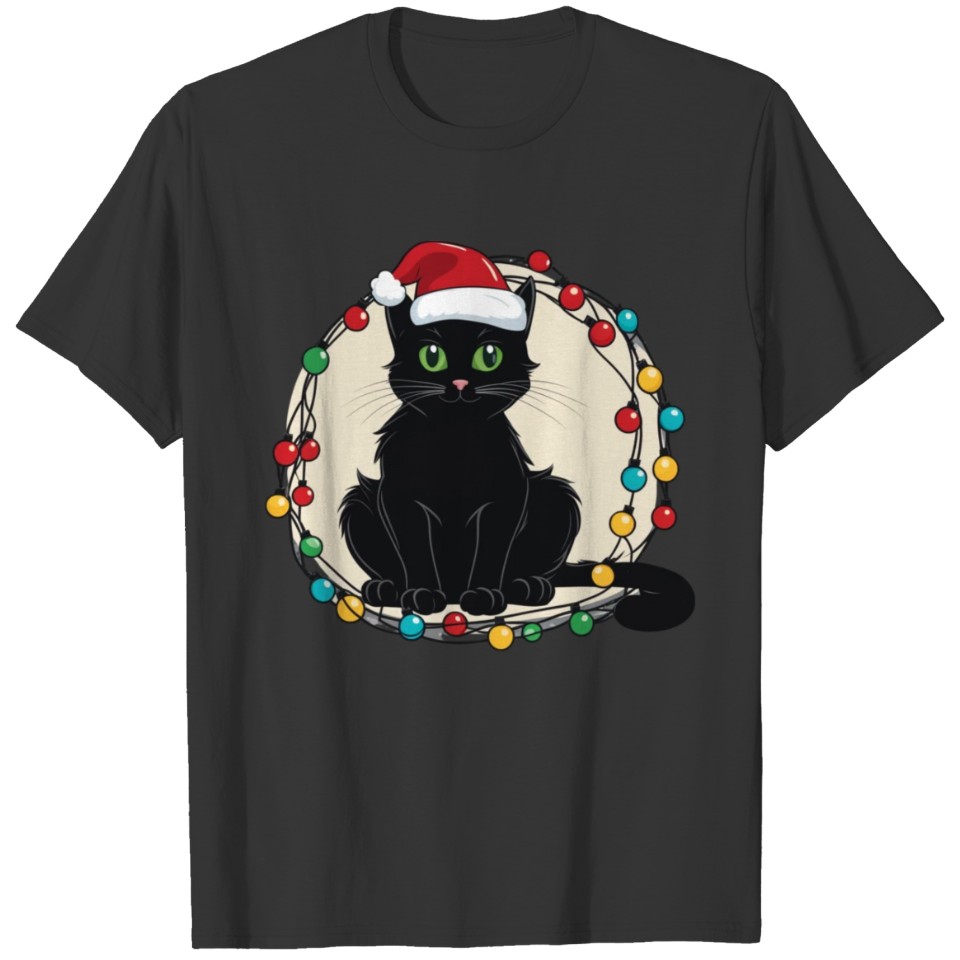 Christmas lights cute Black cat T Shirts