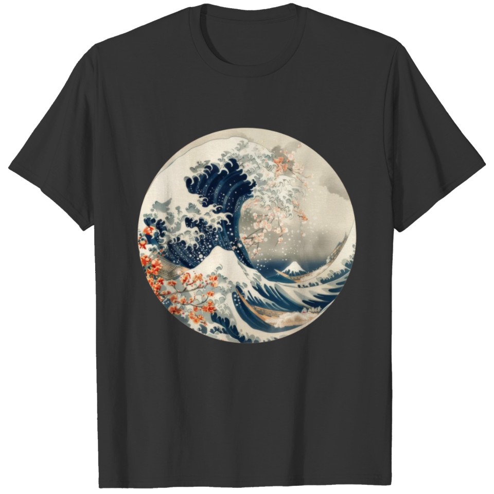 Japanese theme floral waves graphic T Shirts