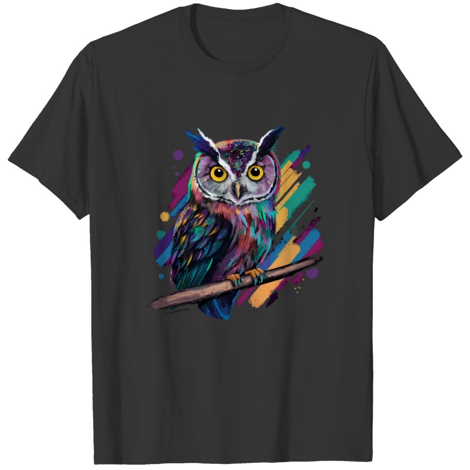 Vibrant Owl Design with Yellow Eyes on Black T Shirts