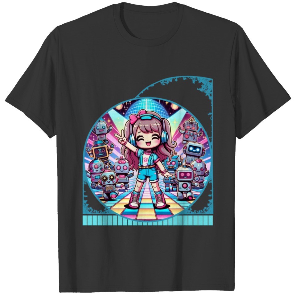 Kawaii Anime Girl's Retro Robot Dance Party Neon T Shirts