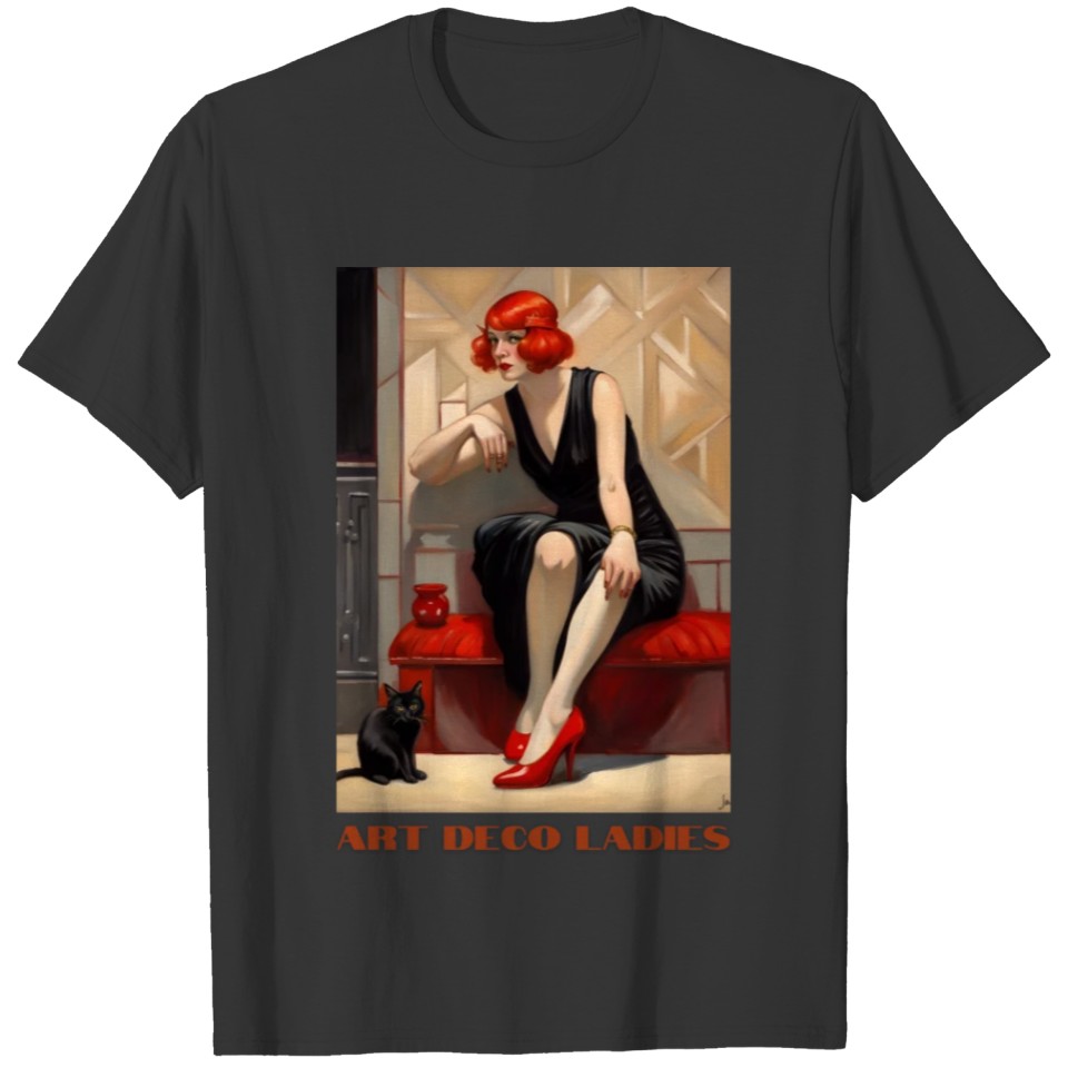 Red-Headed Flapper with Cat, Art Deco Ladies T Shirts