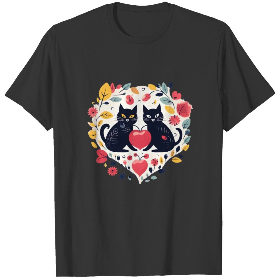 Floral Heart Black Cute Silly Cat Couples T Shirts