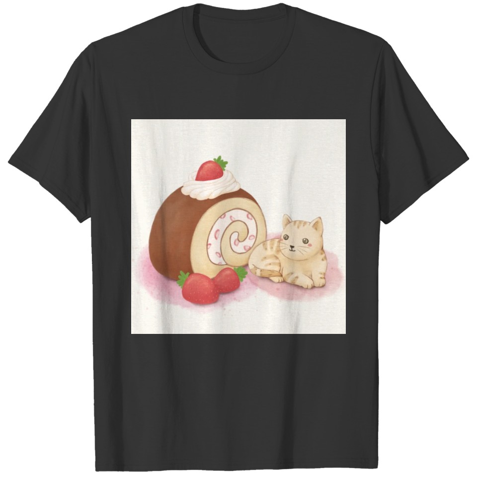 Cute Cat and Dessert Illustration Art T Shirts