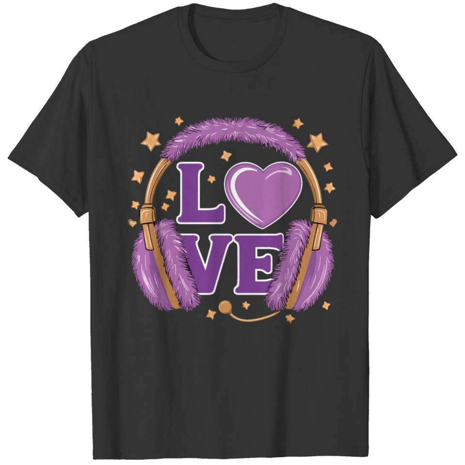 Purple Love Music Headphones with Stars and Heart T Shirts