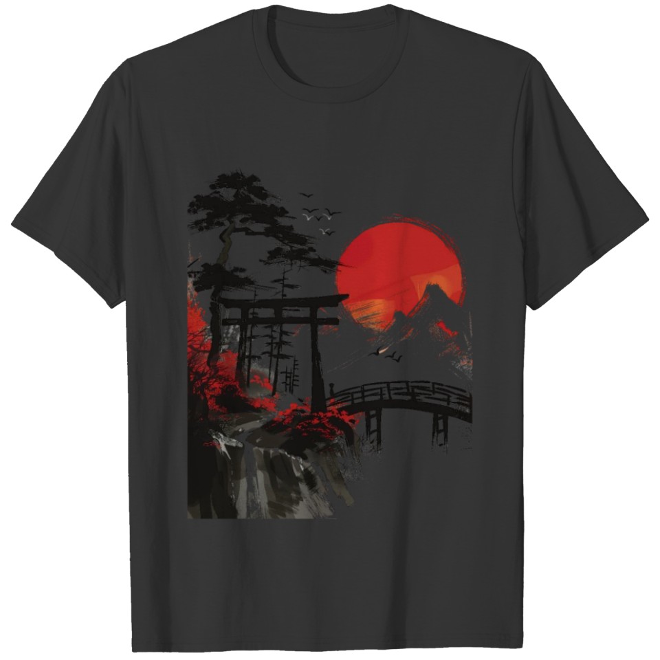 Japanese Landscape Red Moon Trees Birds Flying T Shirts