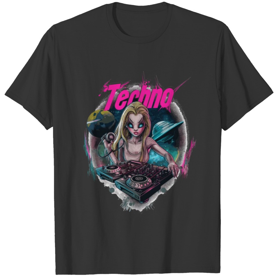 Techno DJ Alien Girl Rave Dancefloor T Shirts