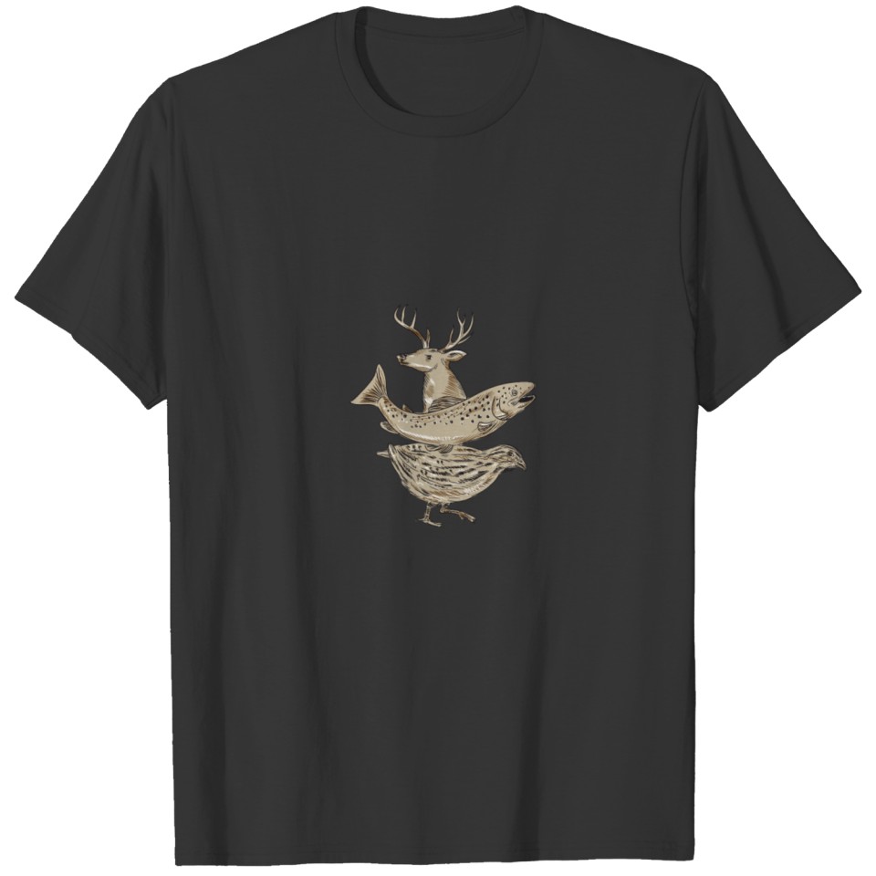Deer Trout Quail Drawing T Shirts