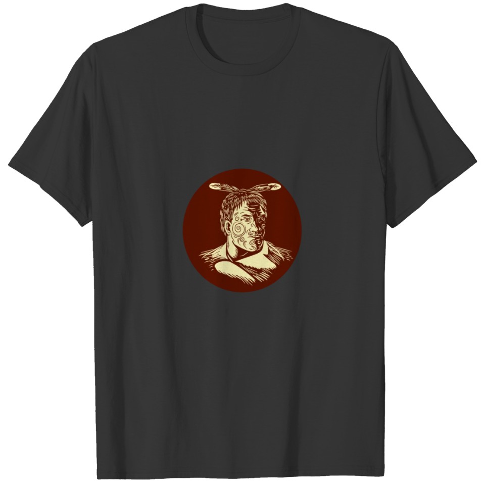 Maori Chieftain Head Oval Woodcut T-shirt