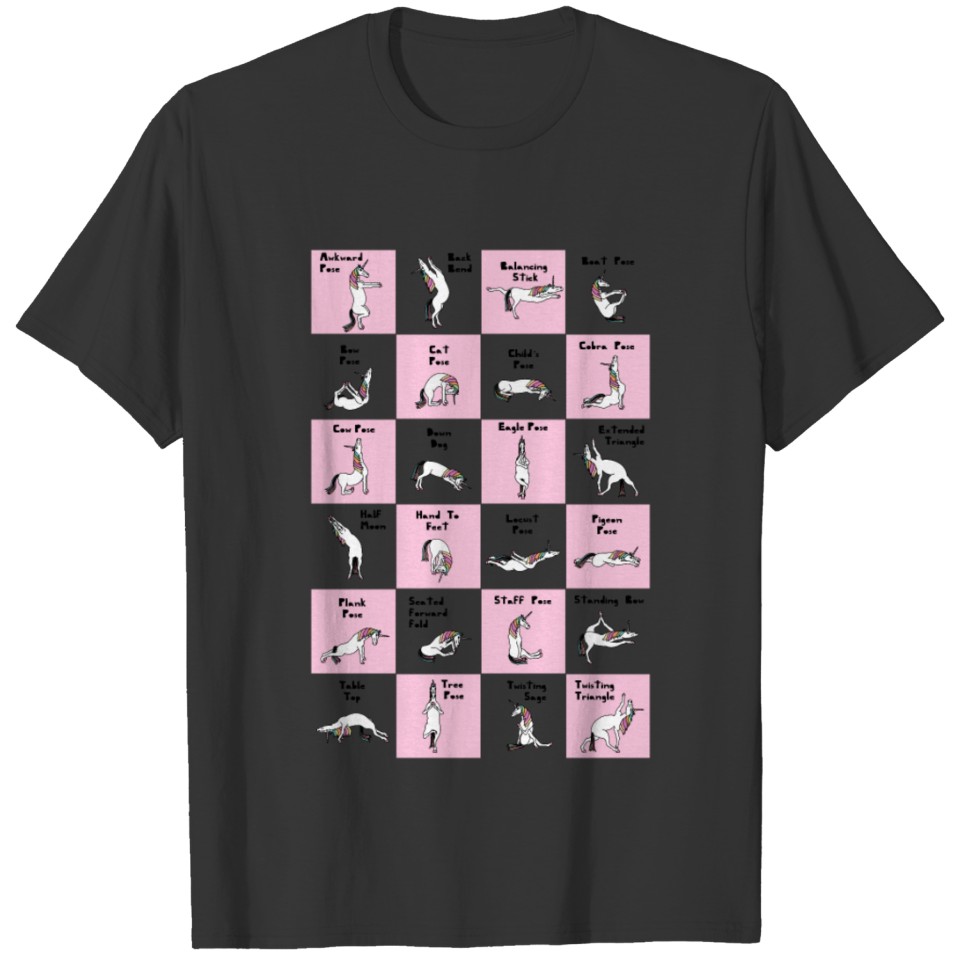 24 Yoga Unicorn Poses, Pink T Shirts