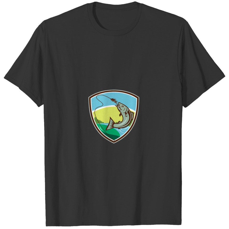 Trout Biting Hook Lure Shield Retro T Shirts