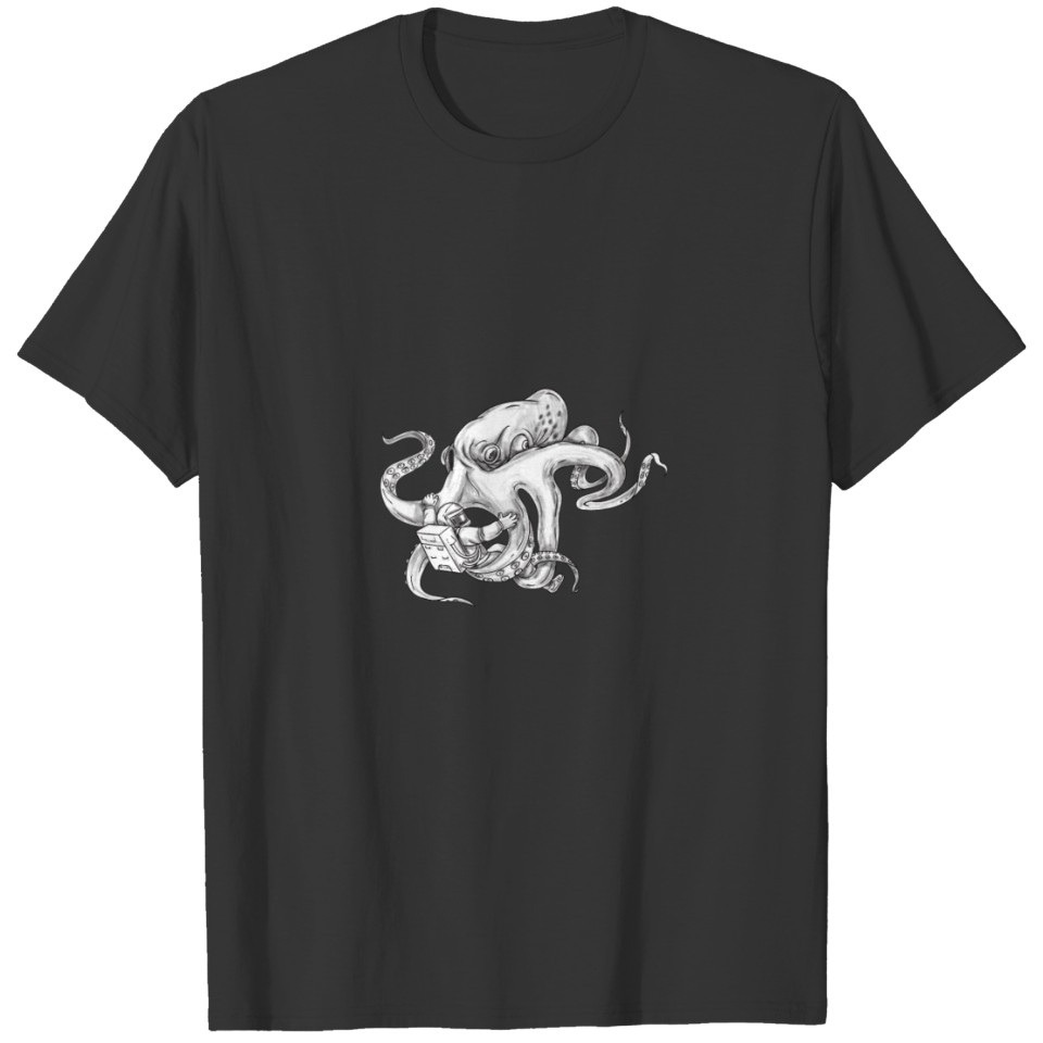 Giant Octopus Fighting Astronaut Tattoo T-shirt