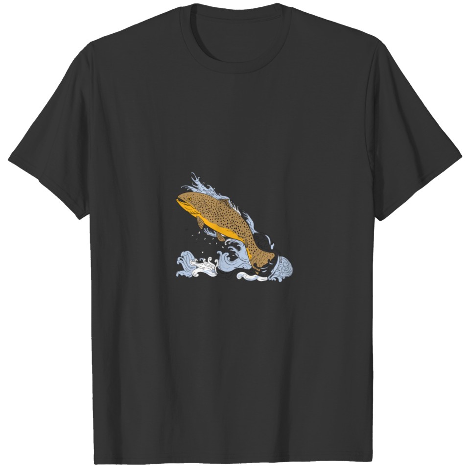 Brown Trout Swimming Up Turbulent Water Drawing T Shirts