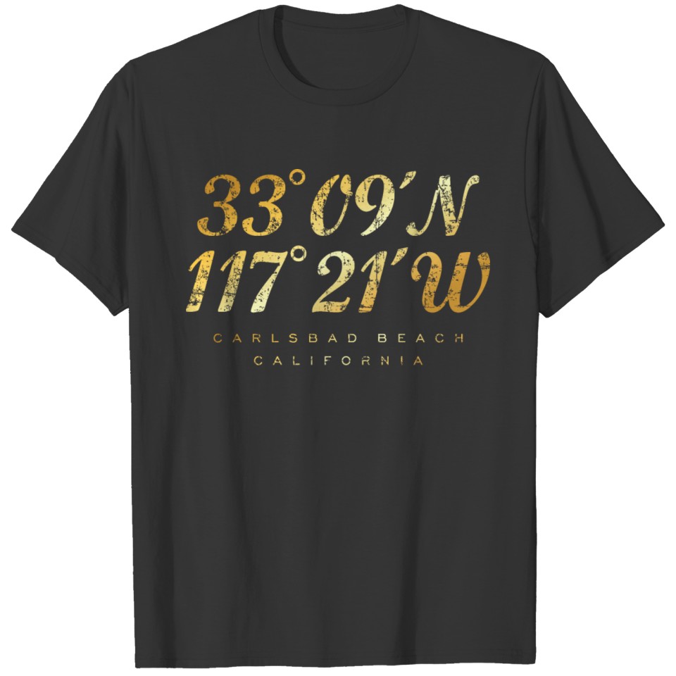 Carlsbad Beach Coordinates (Vintage Gold) T-shirt