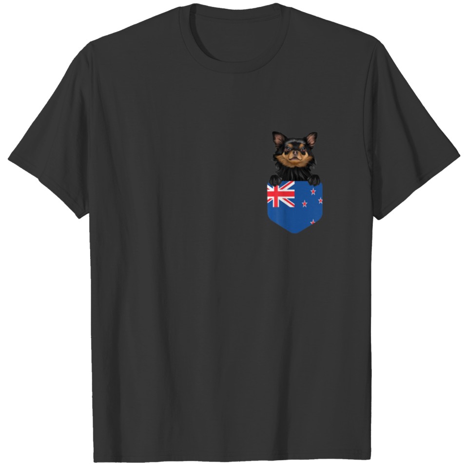 New Zealand Flag Black Chihuahua Dog In Pocket T-shirt