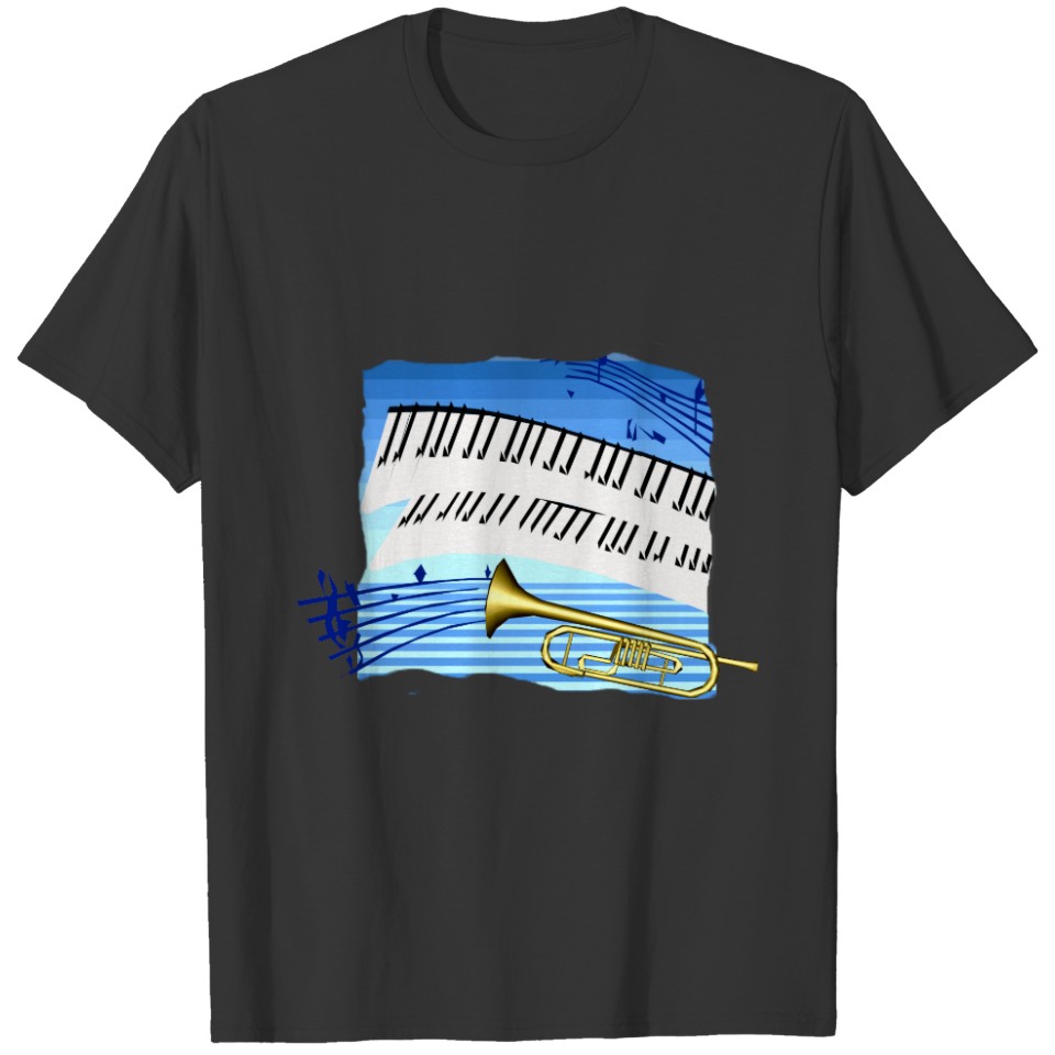 Trumpet and Keyboard, blue theme graphic music T-shirt