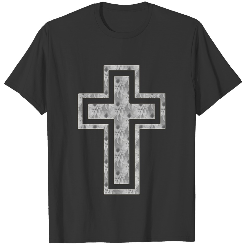 Christian Cross Symbol Pretty Grey Flowers T-shirt