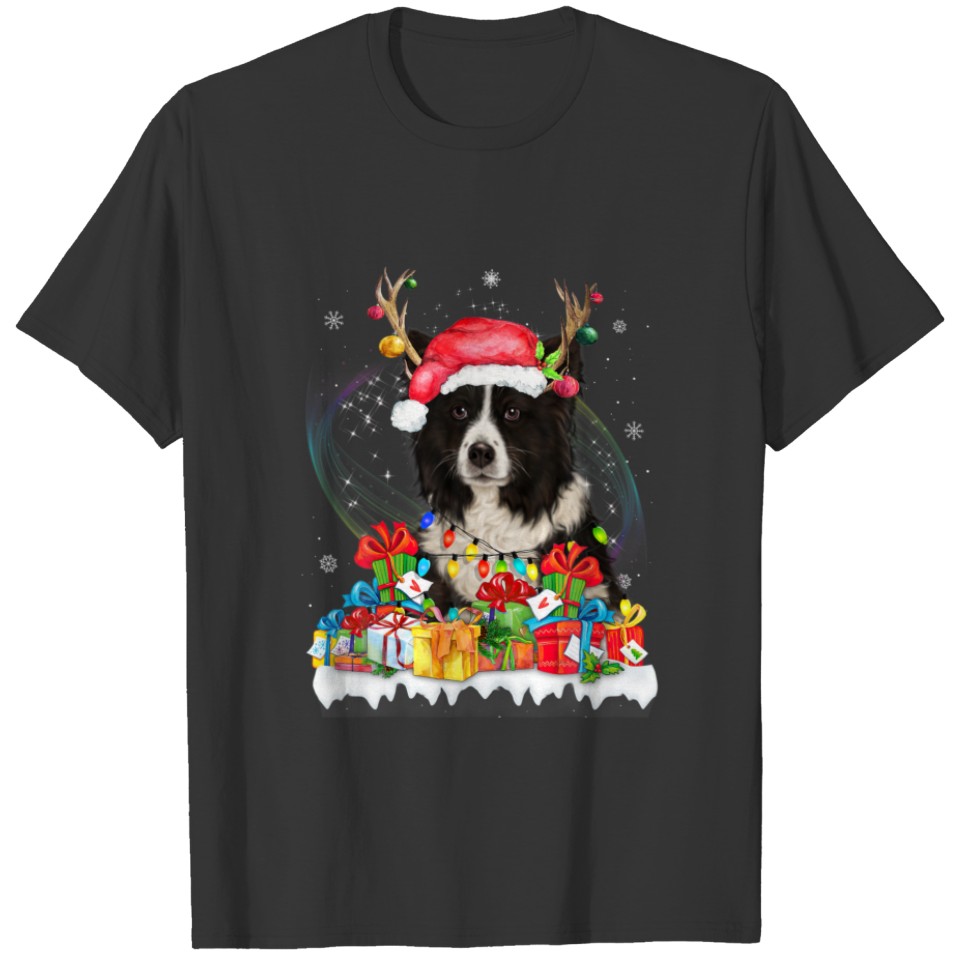 Border Collie Santa Hat Reindeer Christmas Lights T-shirt