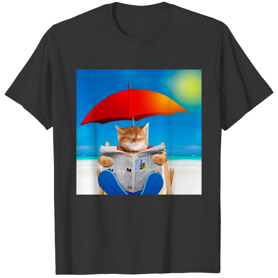 Cat At The Beach Reads Newspaper T-shirt