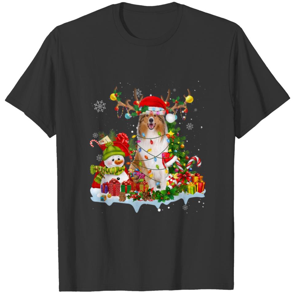 Rough Collie Santa Hat Reindeer Christmas Lights P T-shirt