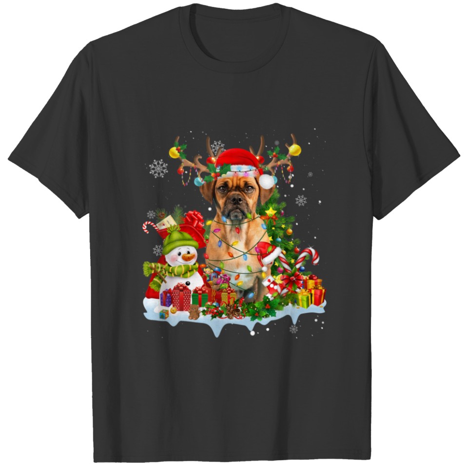 Puggle Santa Hat Reindeer Christmas Lights Pajama T-shirt