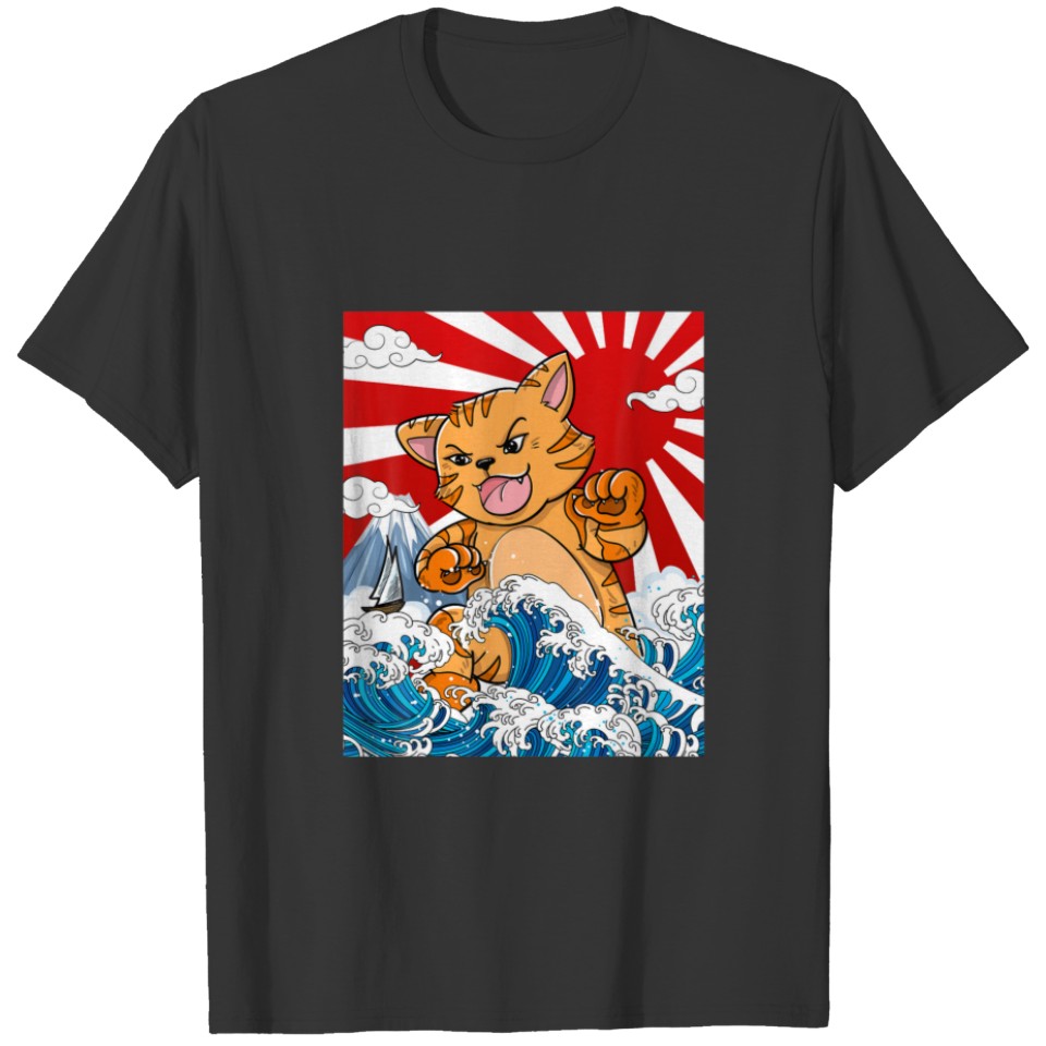 Japanese Kaiju Cat Anime Manga Otaku Waves Ocean B T-shirt