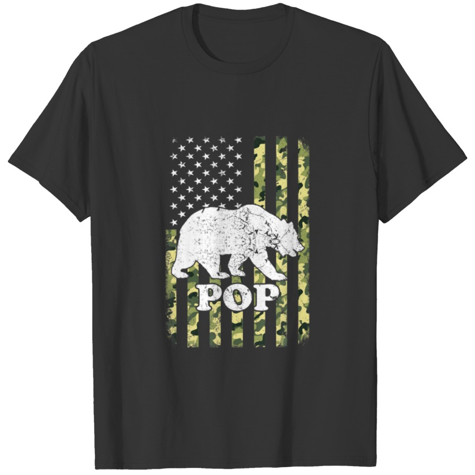 Pop Bear Camping Hiking Camouflage USA American Fl T-shirt