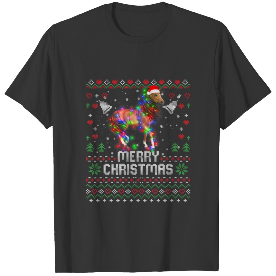 Horses Santa Hat Animal Christmas Tree Lights Holi T-shirt