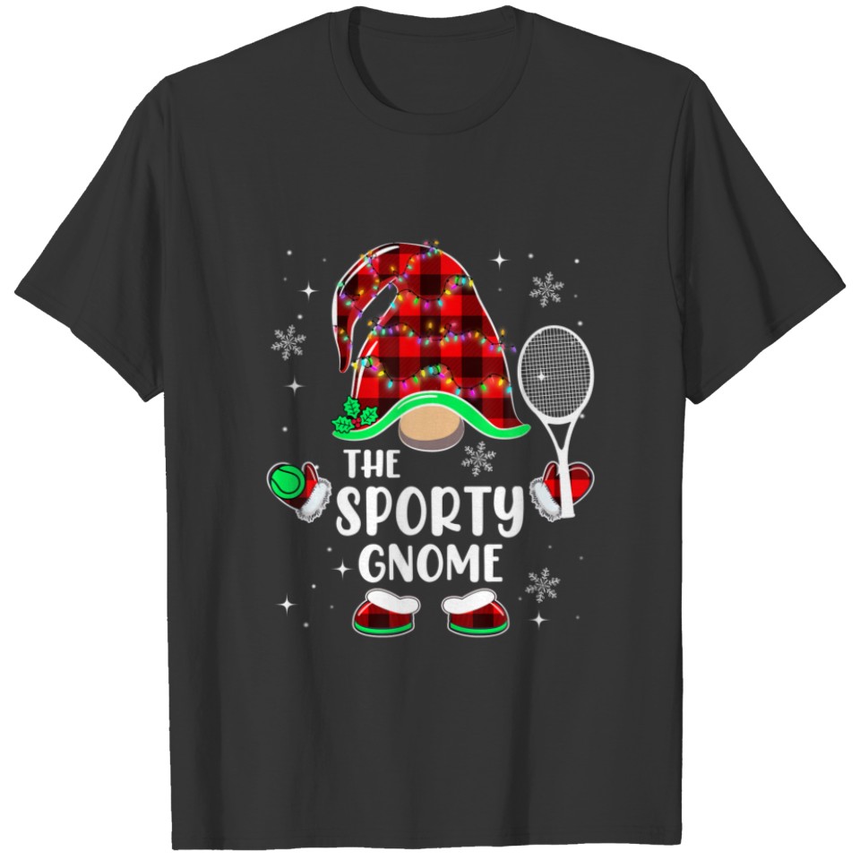 Sporty Gnome Tennis Buffalo Plaid Christmas Family T-shirt