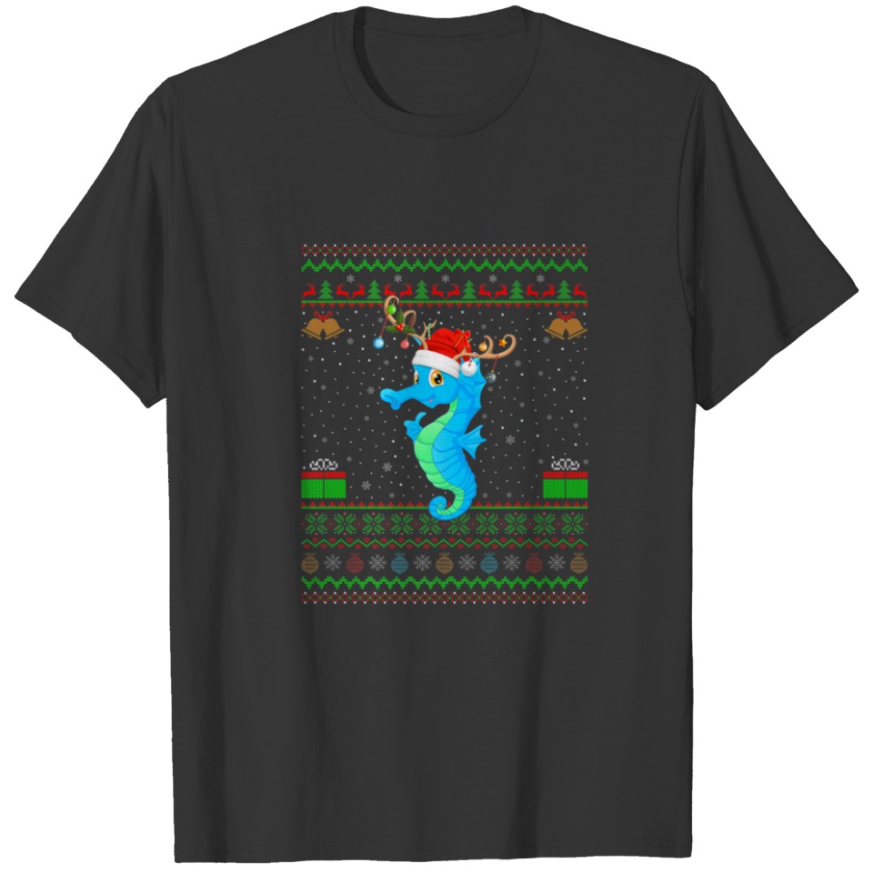 Funny Xmas Lighting Santa Hat Ugly Seahorses Chris T-shirt