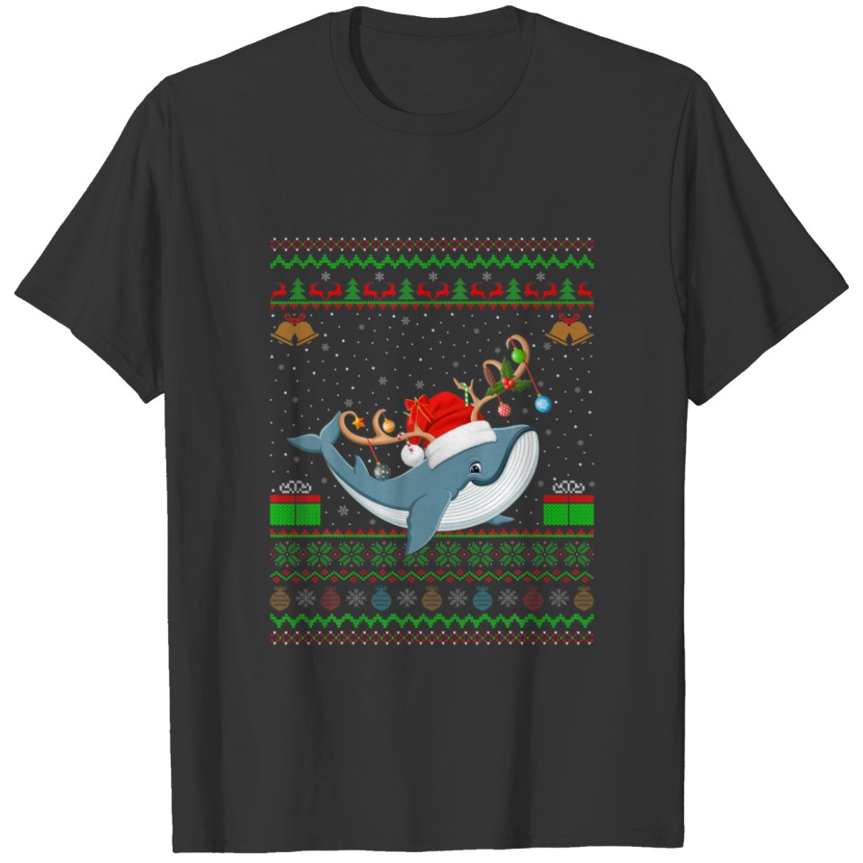 Funny Xmas Lighting Santa Hat Ugly Whales Christma T-shirt