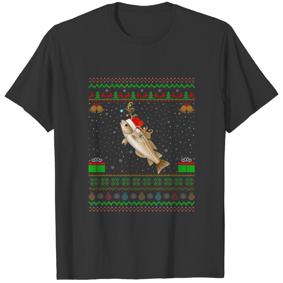 Funny Xmas Lighting Santa Hat Ugly Cod Fish Christ T-shirt